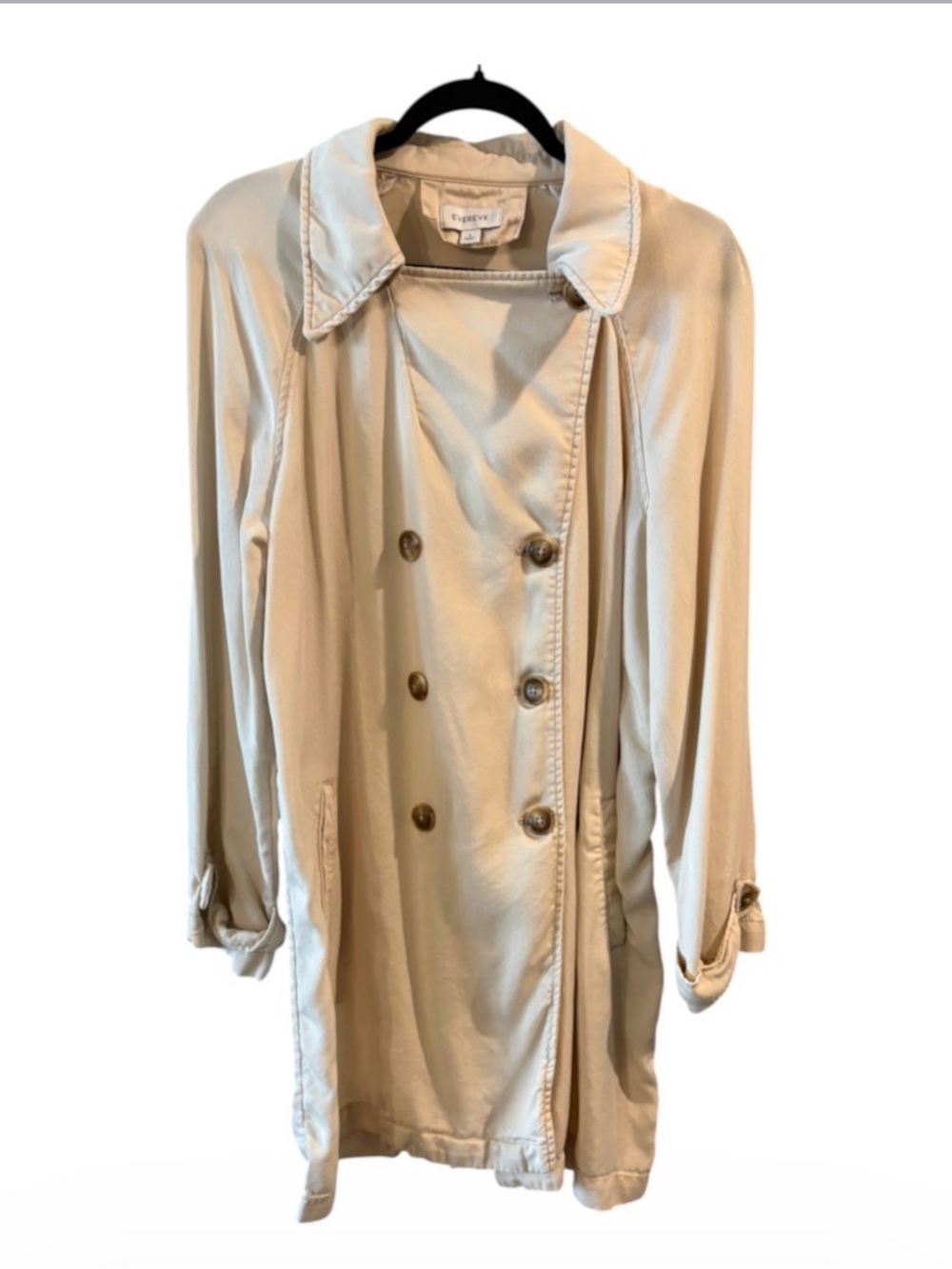 Evereve Satin Trench Coat Large Champagne Beige Double Breasted
